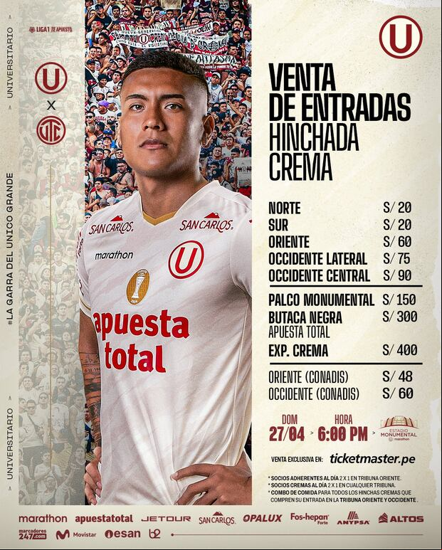 Universitario y UTC se enfrentan en el estadio Monumental por la fecha 10 del Torneo Apertura.